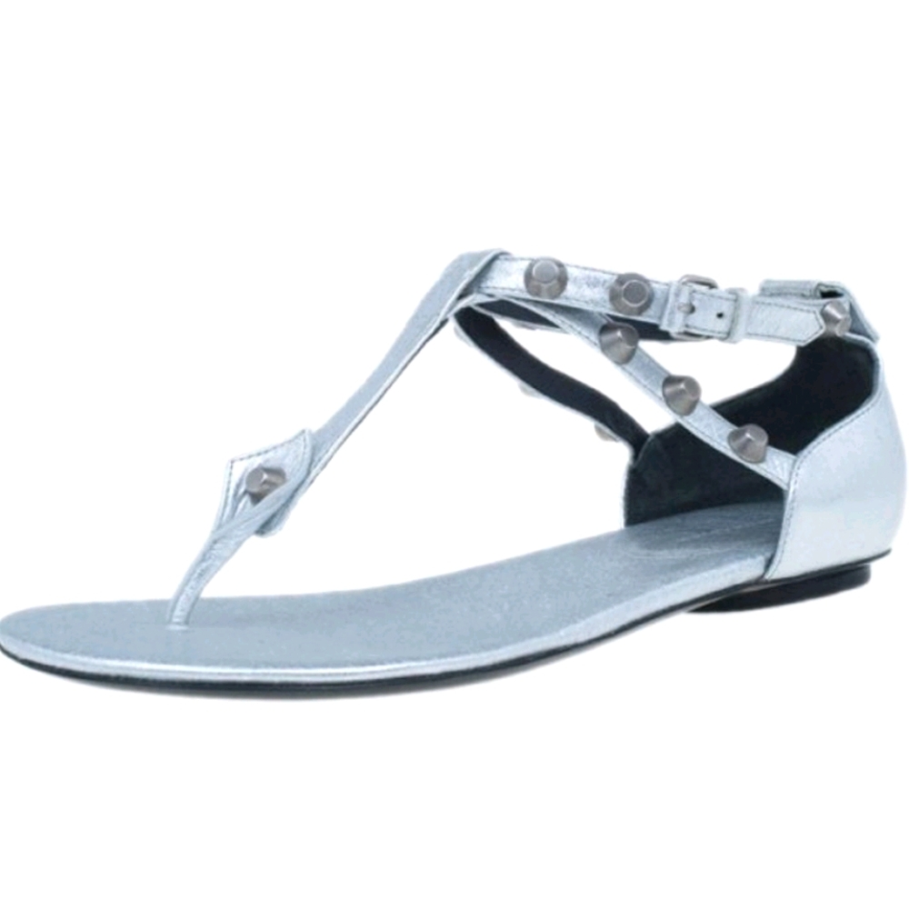 Balenciaga silver leather classic thong sandal 39